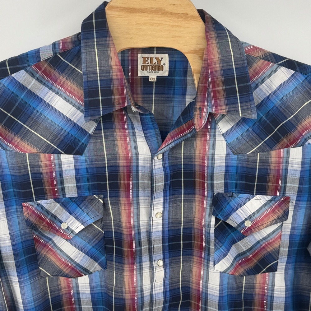 Ely Cattleman Mens XXL‎ Plaid Metallic Lurex Western Pearl Snap Shirt Long Slv